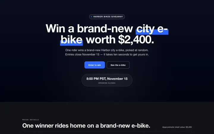 The e-bike giveaway with the centered hero layout