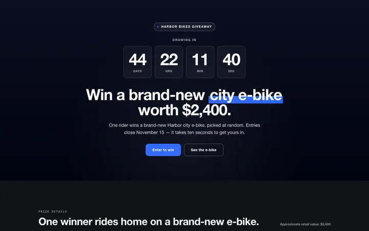 The e-bike giveaway with the countdown hero layout