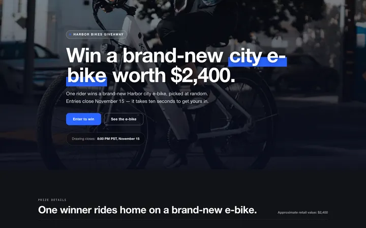 The e-bike giveaway with the full-bleed photo hero layout