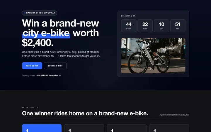 The e-bike giveaway with the split hero layout