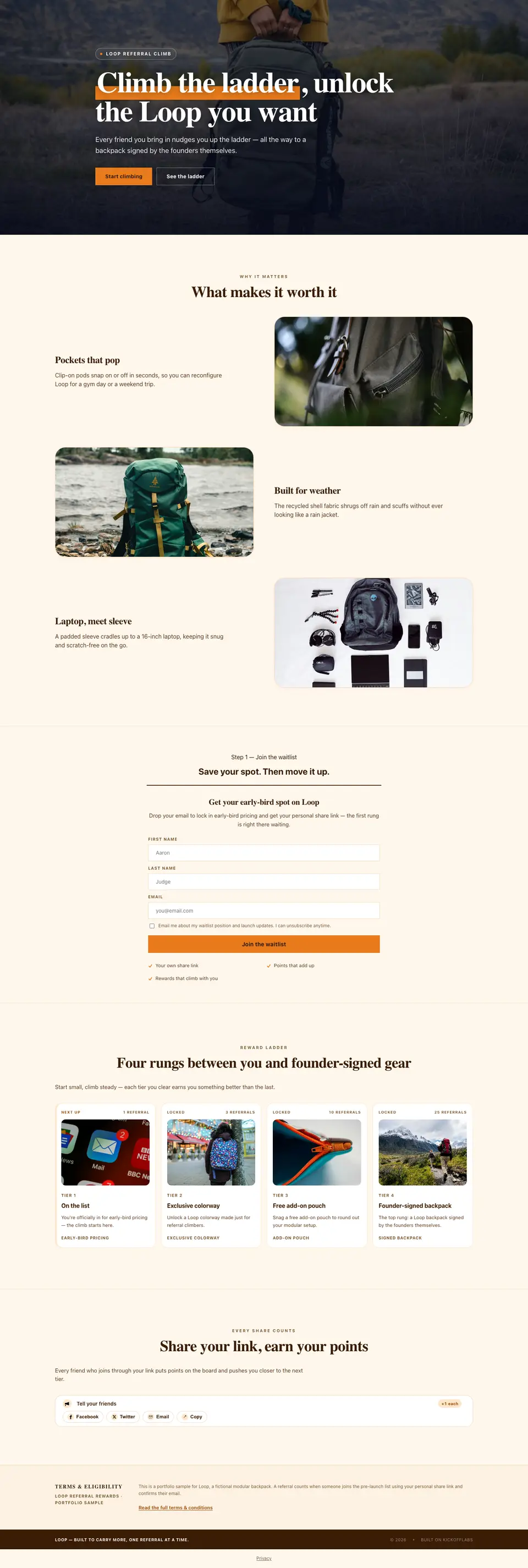 The full kickstarter pre-launch page drafted by the KickoffLabs builder