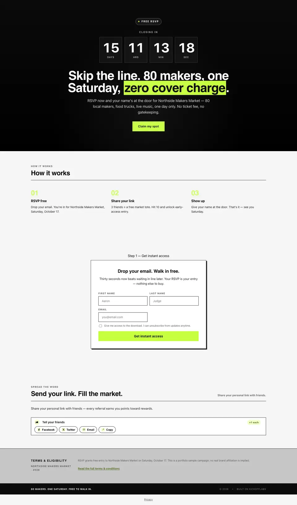 The full event rsvp page drafted by the KickoffLabs builder
