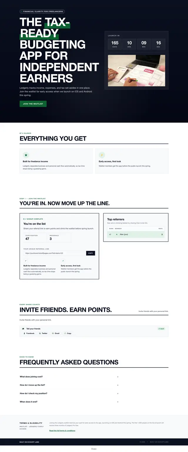 The full budgeting app waitlist page, as an entrant sees it after signing up