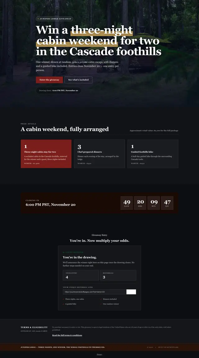 The full cabin weekend giveaway page, as an entrant sees it after signing up