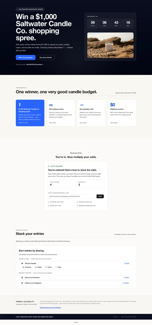 The full online store shopping spree page, as an entrant sees it after signing up
