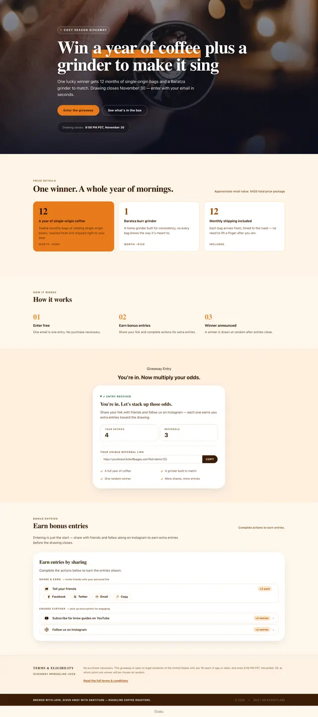 The full coffee subscription giveaway page, as an entrant sees it after signing up