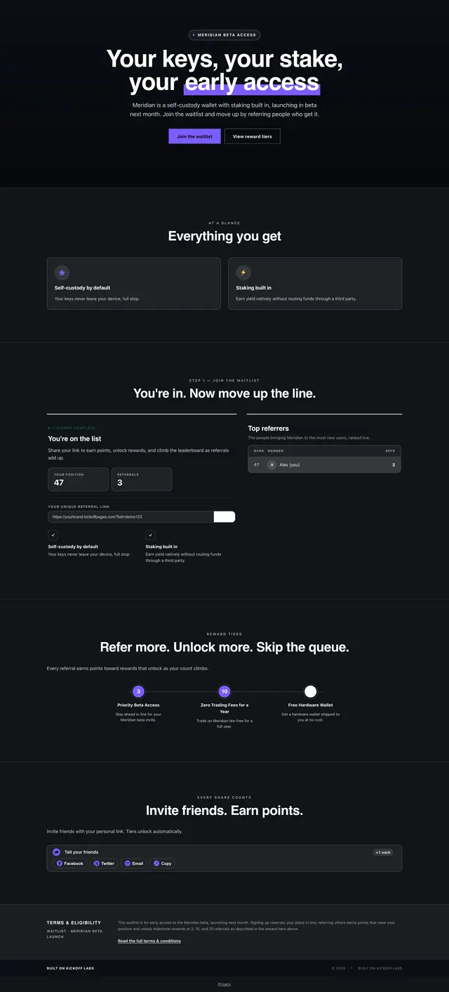 The full crypto wallet waitlist page, as an entrant sees it after signing up