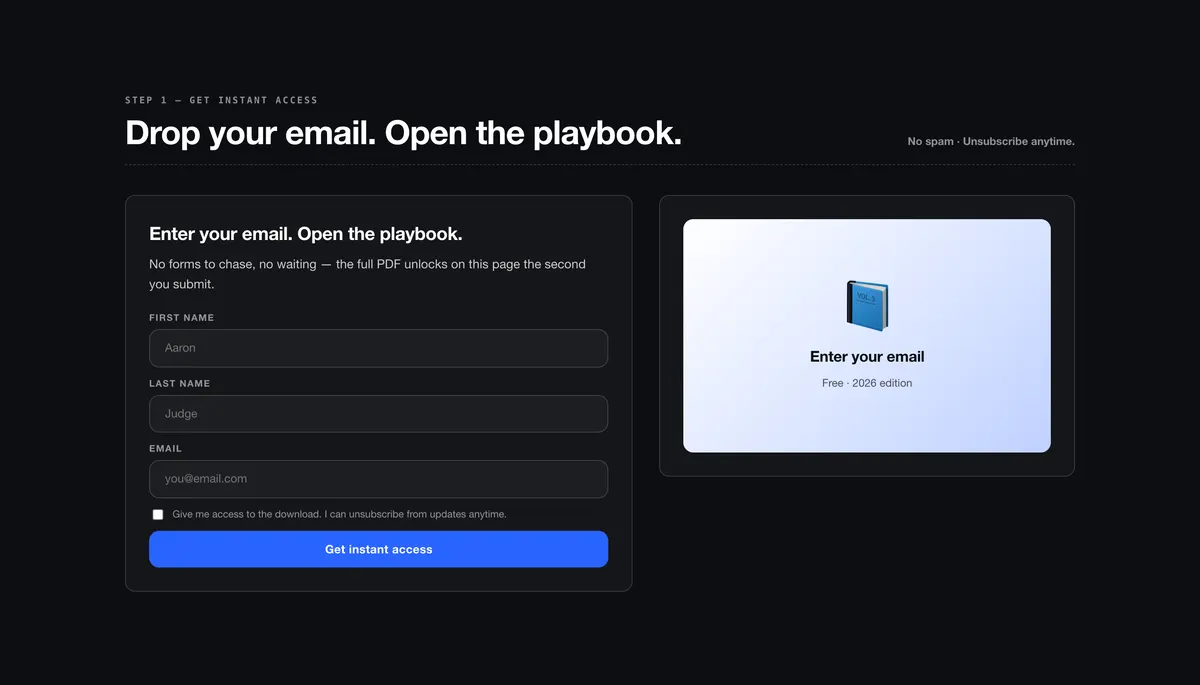 Email gate with a cover preview: a section of the ebook download page