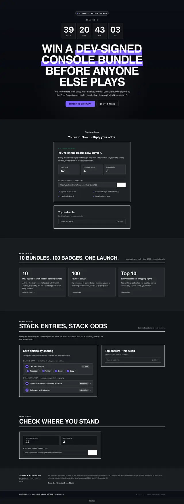 The full game launch leaderboard page, as an entrant sees it after signing up