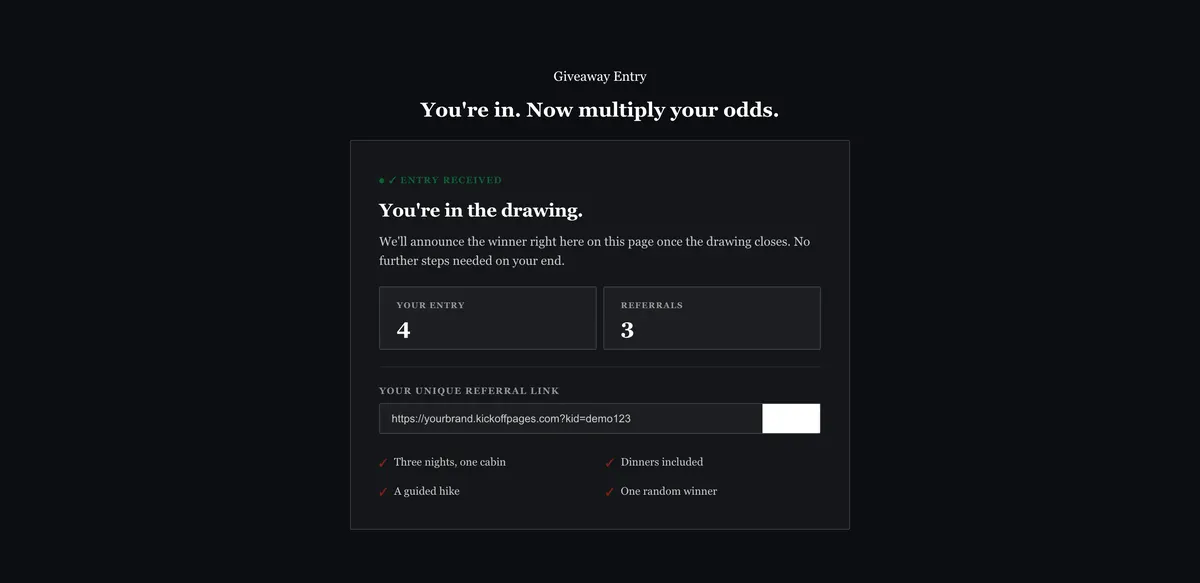 Entry confirmation: a section of the cabin weekend giveaway page