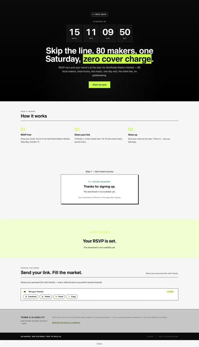 The full event rsvp page, as an entrant sees it after signing up