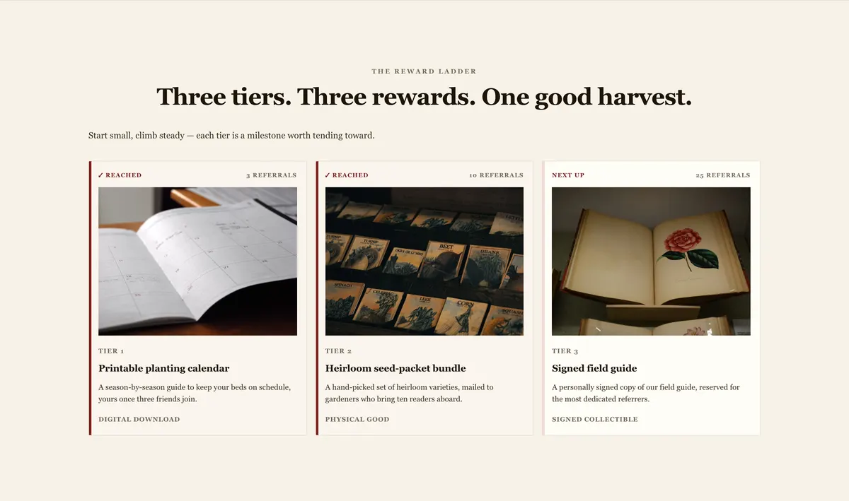 Rewards readers can picture: a section of the newsletter referral program page