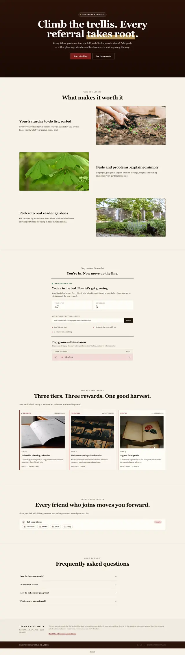 The full newsletter referral program page, as an entrant sees it after signing up