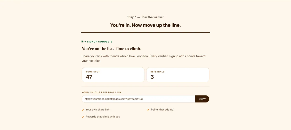 Your spot and your link: a section of the kickstarter pre-launch page