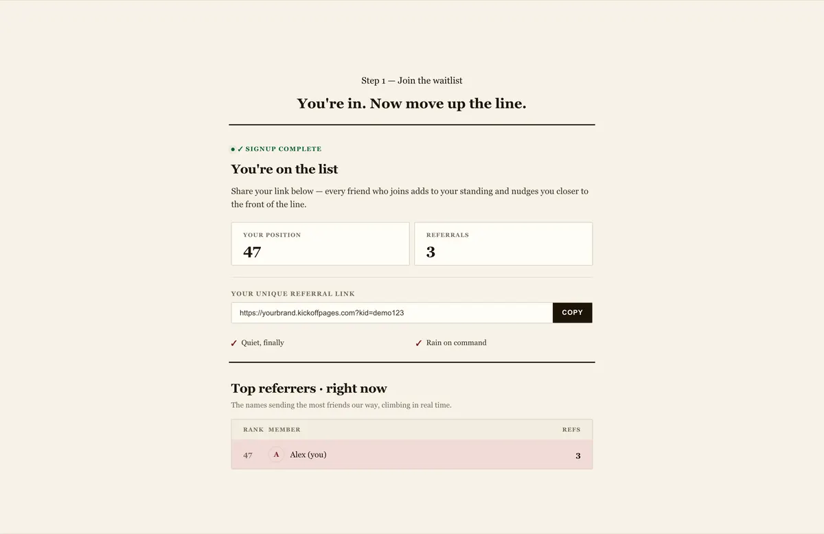 Place in line and top referrers: a section of the product waitlist page