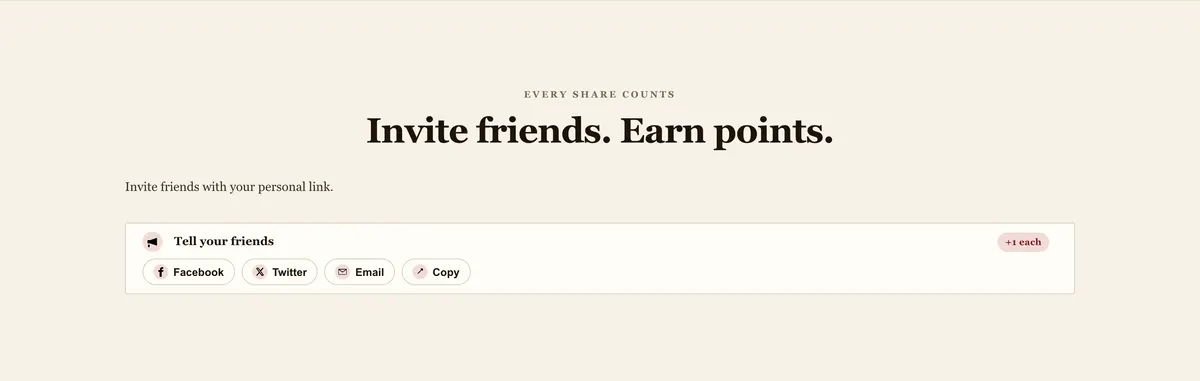 Invite friends, earn points: a section of the product waitlist page