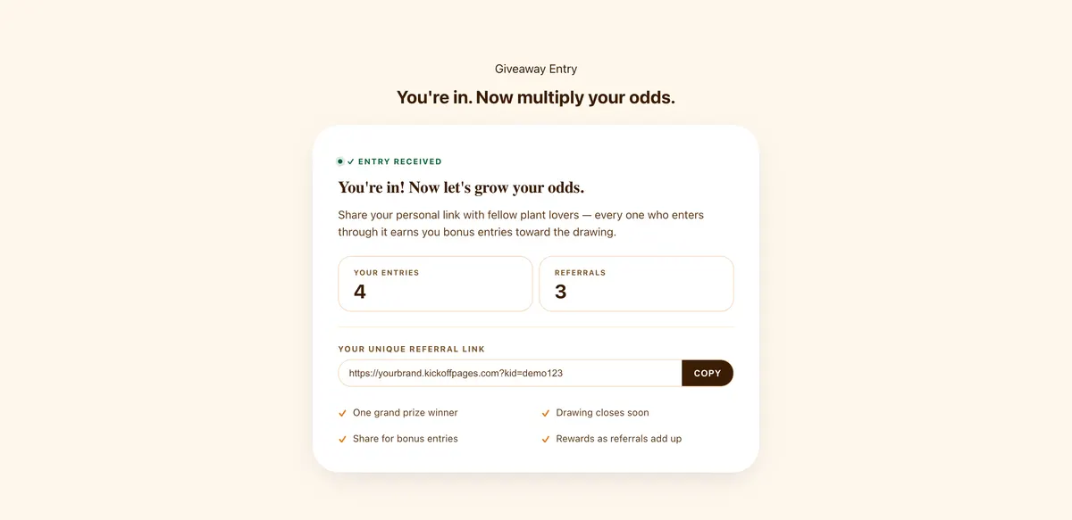 Progress after signup: a section of the giveaway with milestone rewards page
