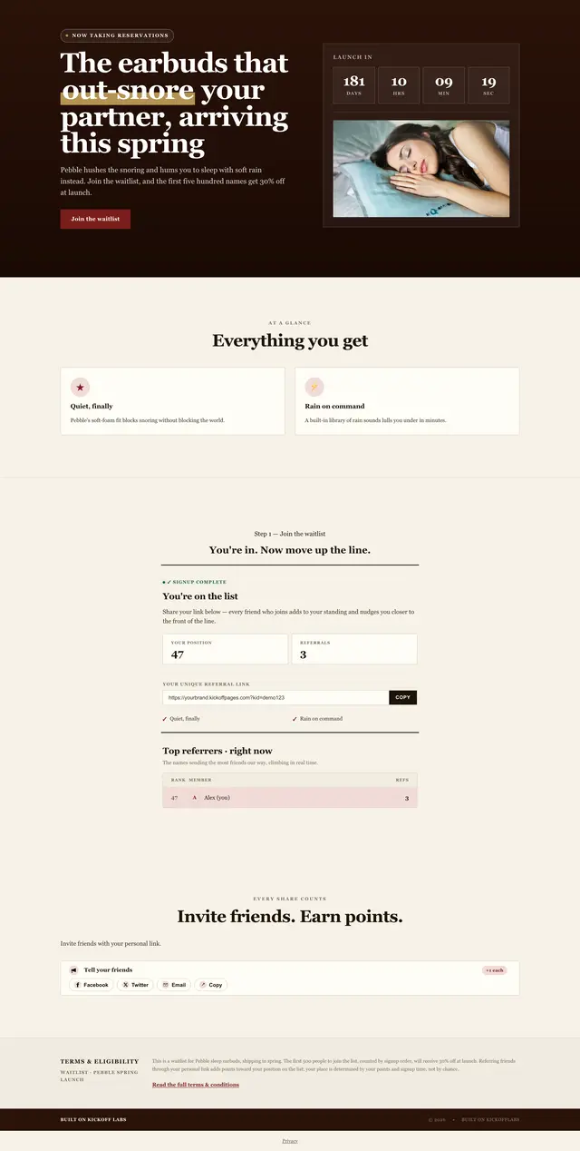 The full product waitlist page, as an entrant sees it after signing up