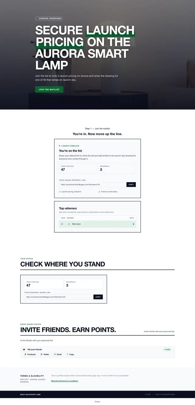 The full waitlist with a launch giveaway page, as an entrant sees it after signing up