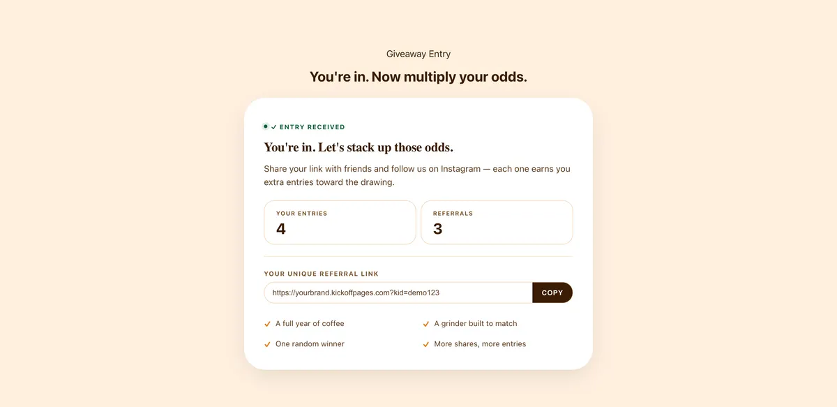 Entries and referrals at a glance: a section of the coffee subscription giveaway page