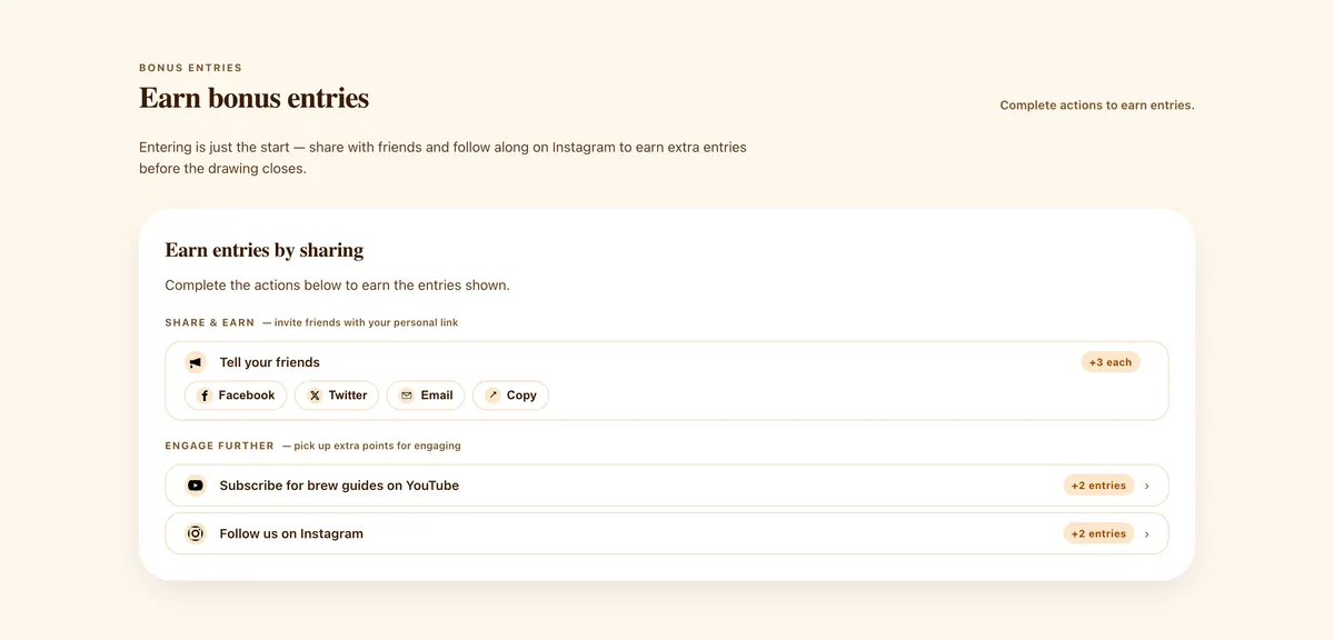 Bonus entry actions: a section of the coffee subscription giveaway page