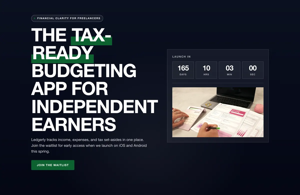 Pitch plus launch countdown: a section of the budgeting app waitlist page