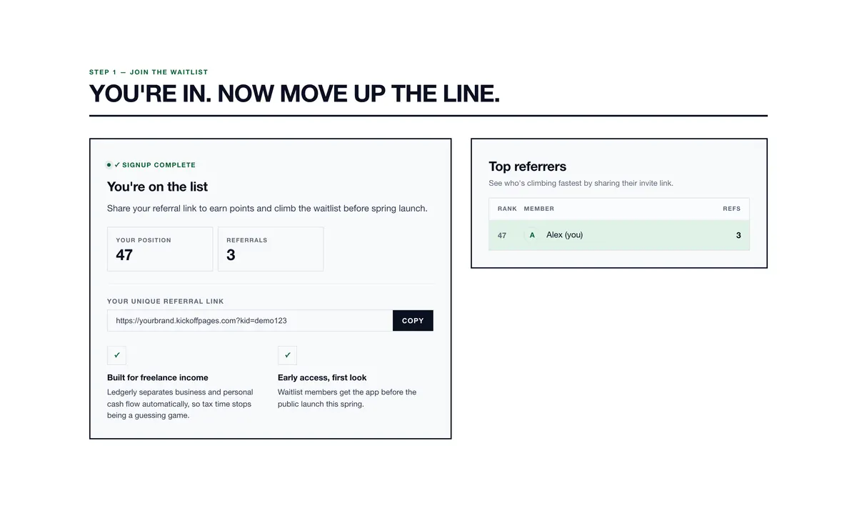 Signup and leaderboard side by side: a section of the budgeting app waitlist page