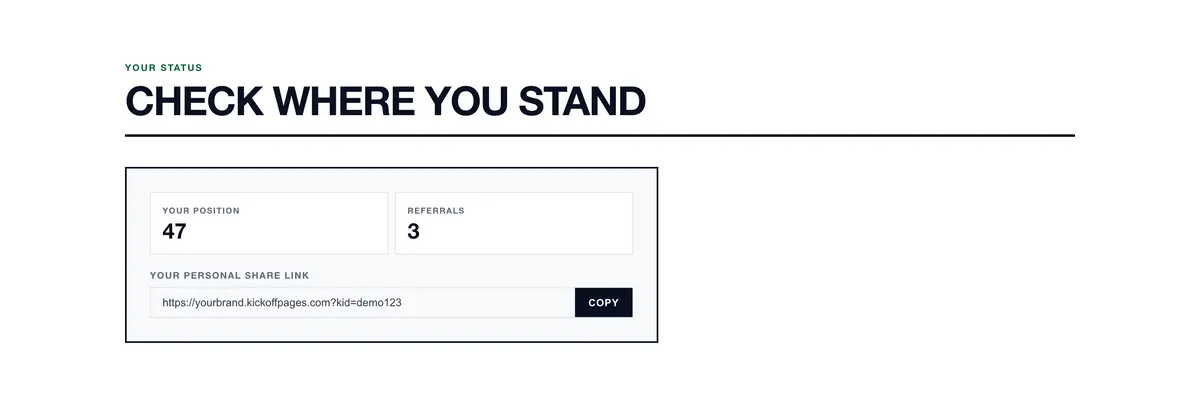 Where you stand: a section of the waitlist with a launch giveaway page