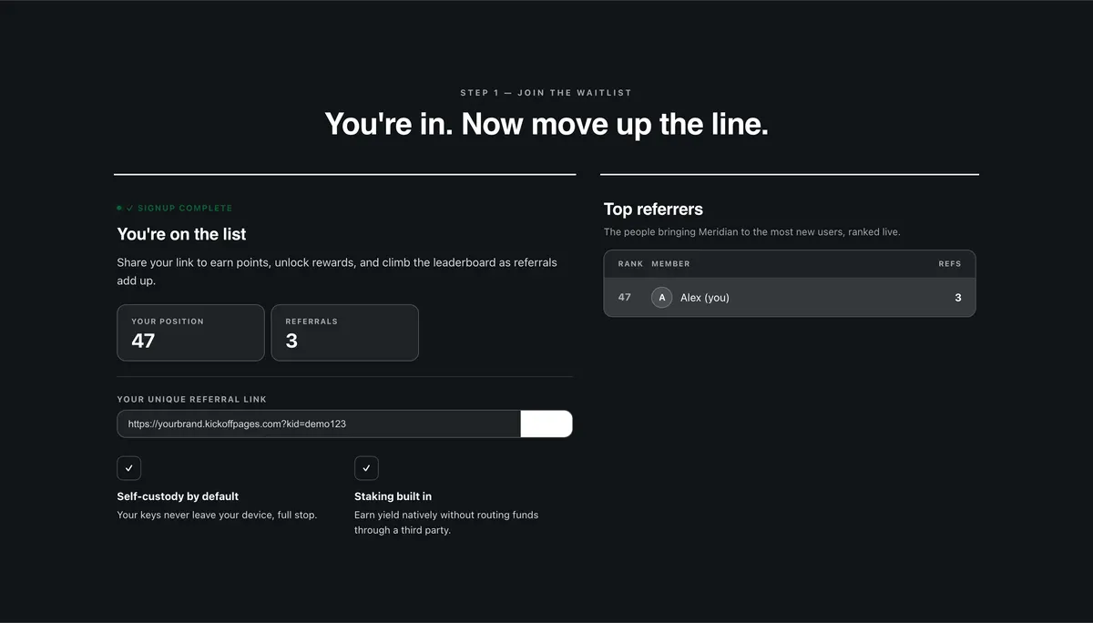Position and leaderboard: a section of the crypto wallet waitlist page