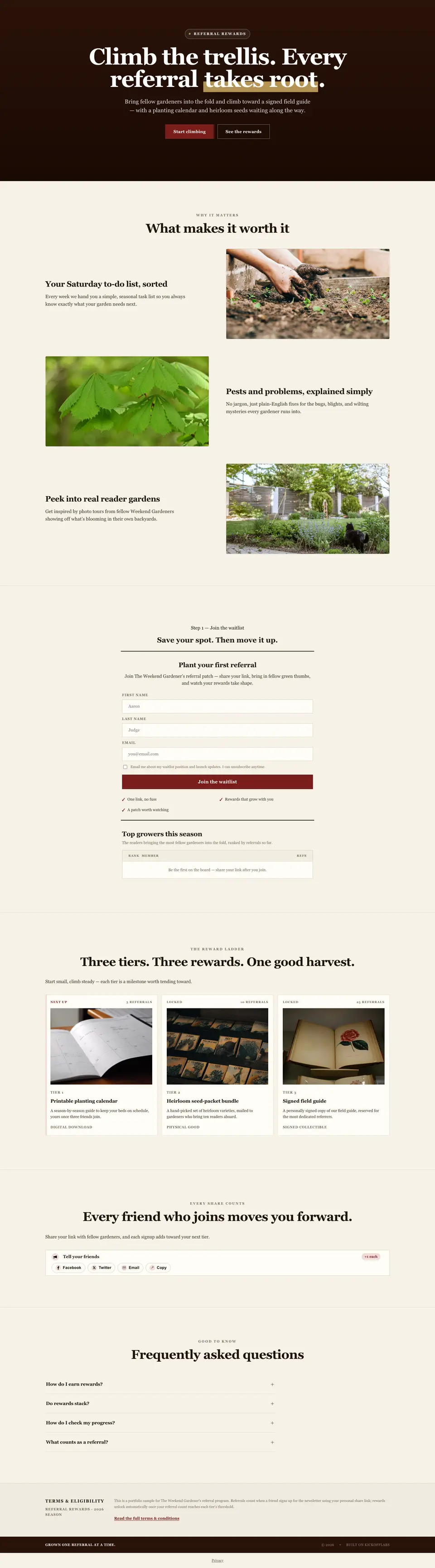 The full newsletter referral program page drafted by the KickoffLabs builder