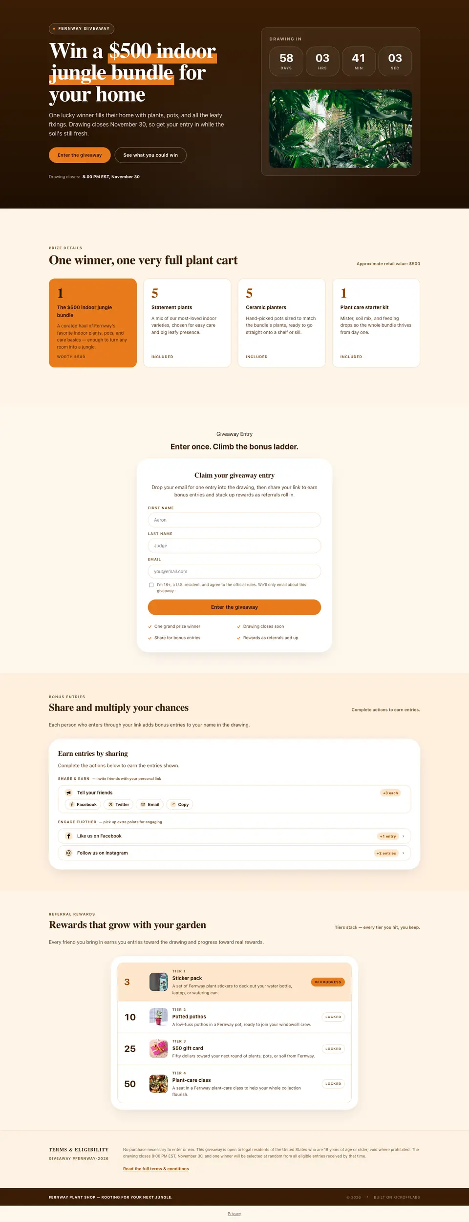 The full giveaway with milestone rewards page drafted by the KickoffLabs builder