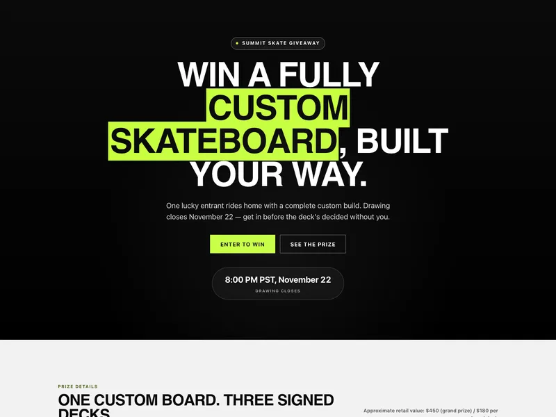 Top of the giveaway with a draw and a leaderboard page: centered hero