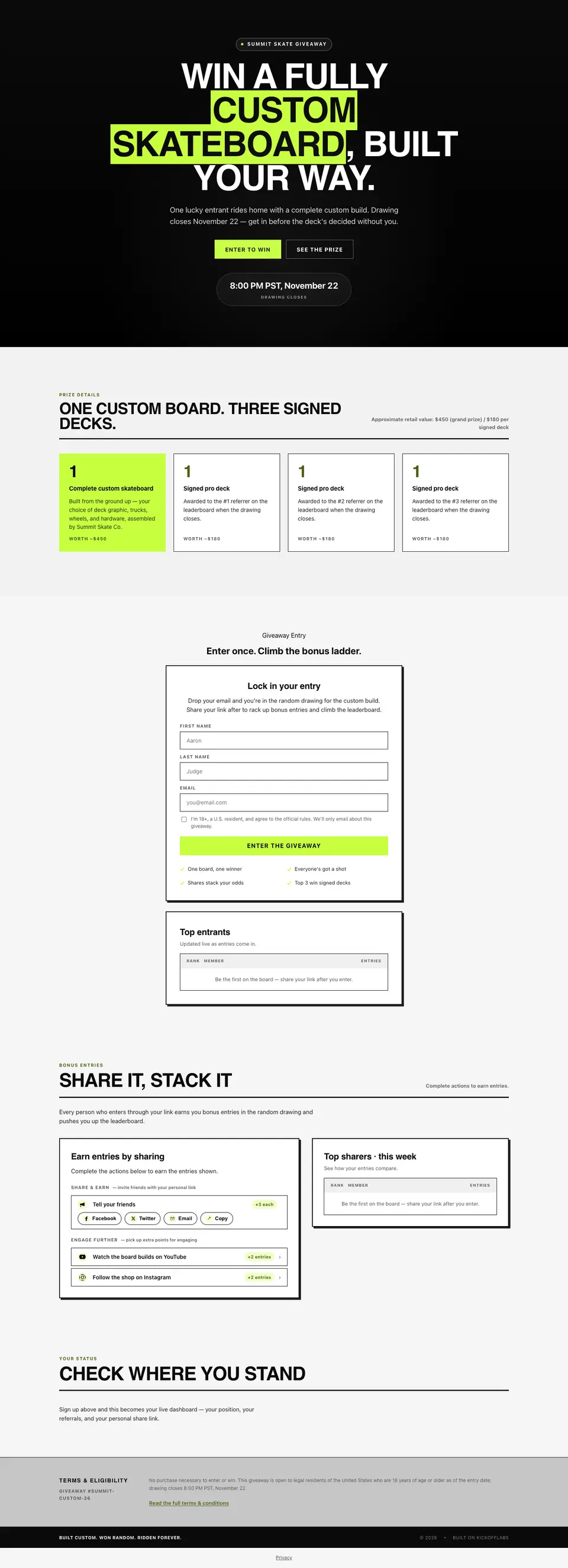 The full giveaway with a draw and a leaderboard page drafted by the KickoffLabs builder