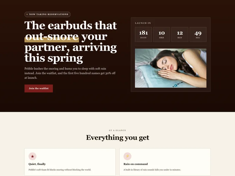 Top of the product waitlist page: split hero with countdown