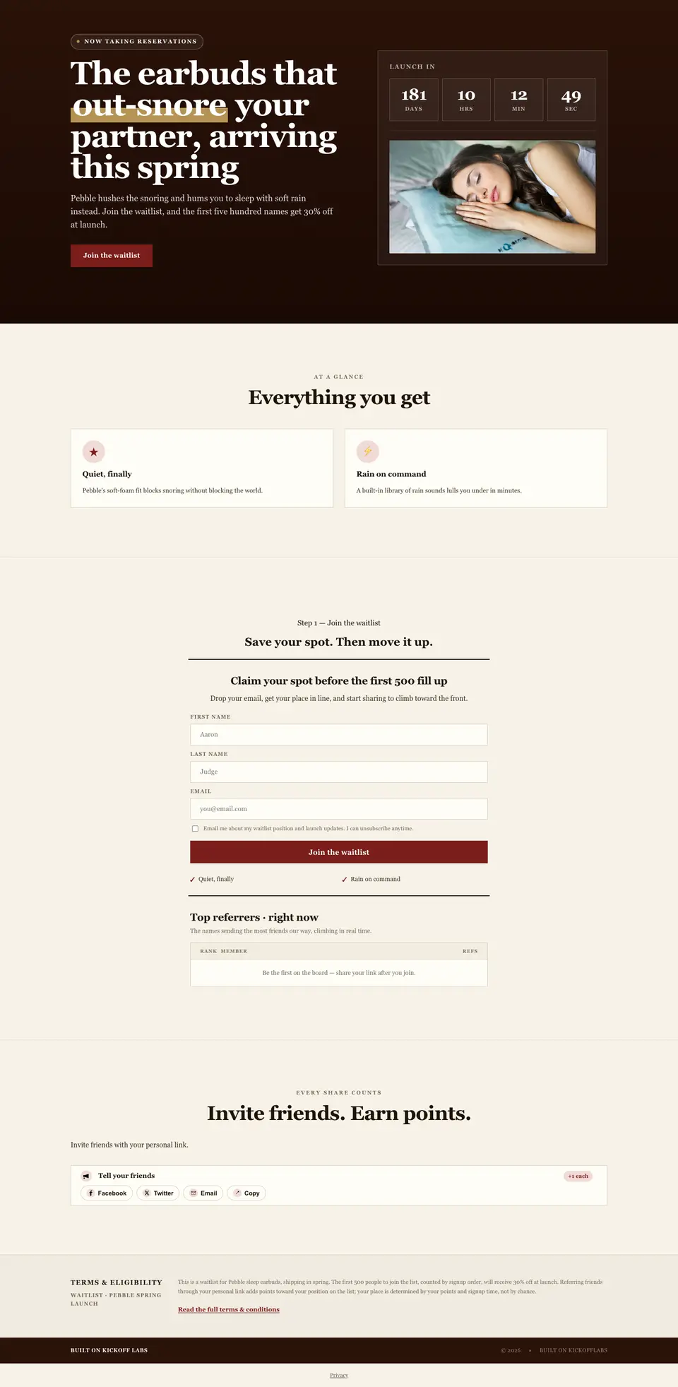 The full product waitlist page drafted by the KickoffLabs builder