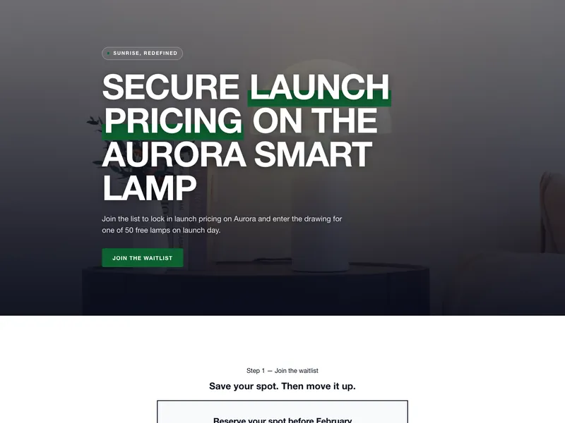 Top of the waitlist with a launch giveaway page: full-bleed photo hero
