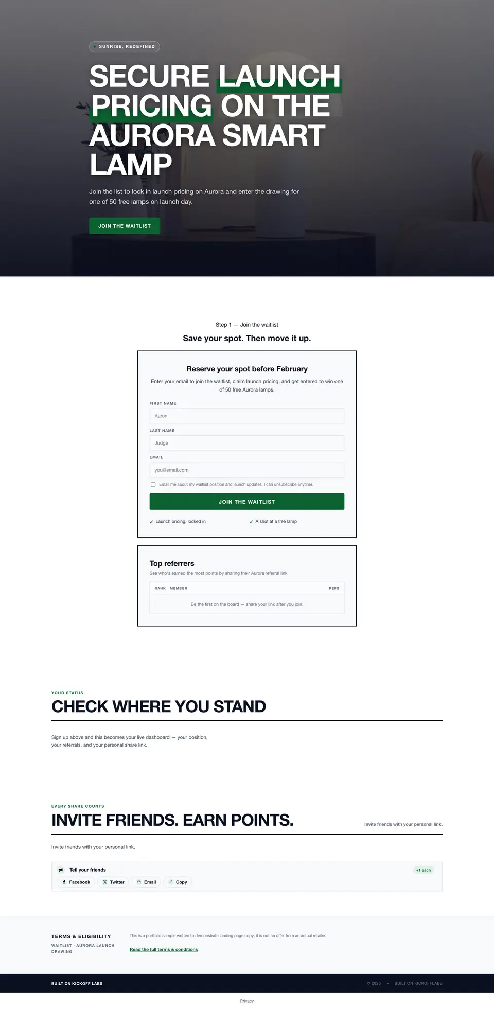 The full waitlist with a launch giveaway page drafted by the KickoffLabs builder