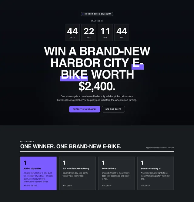 The e-bike giveaway page in the Dark Mode SaaS starter style