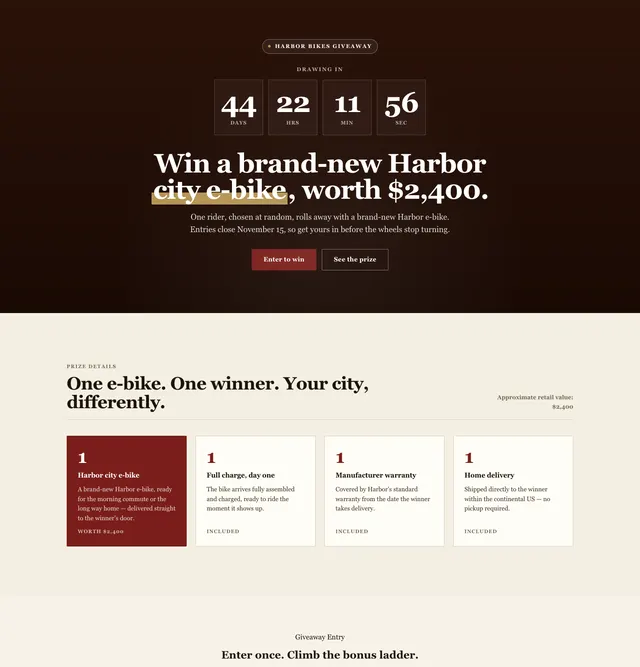 The e-bike giveaway page in the Editorial Serif starter style