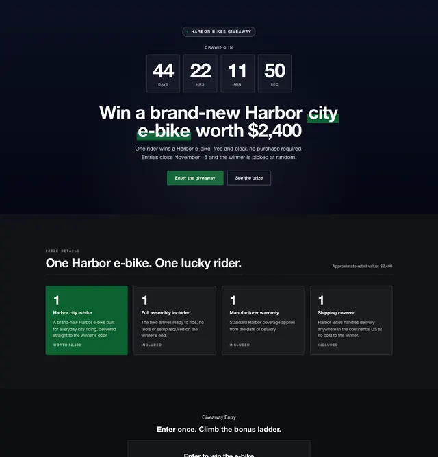 The e-bike giveaway page in the Fintech Sharp starter style