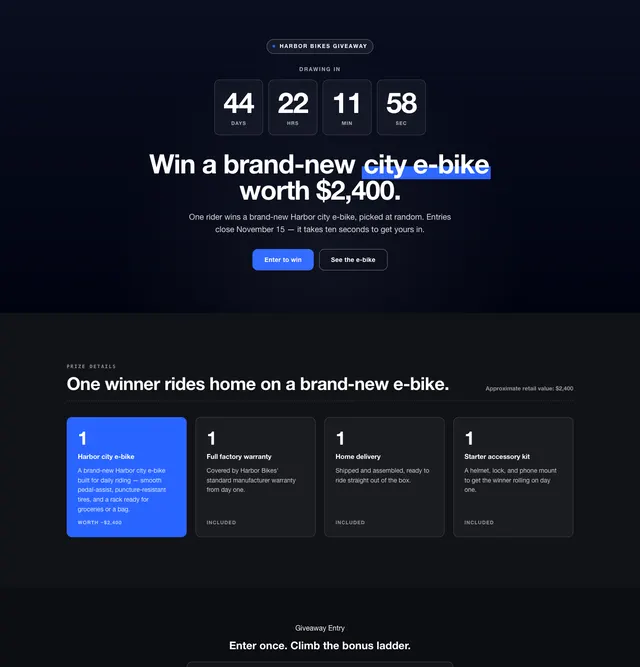 The e-bike giveaway page in the Modern Sans starter style