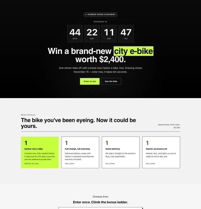 The e-bike giveaway page in the Neo Brutalist starter style