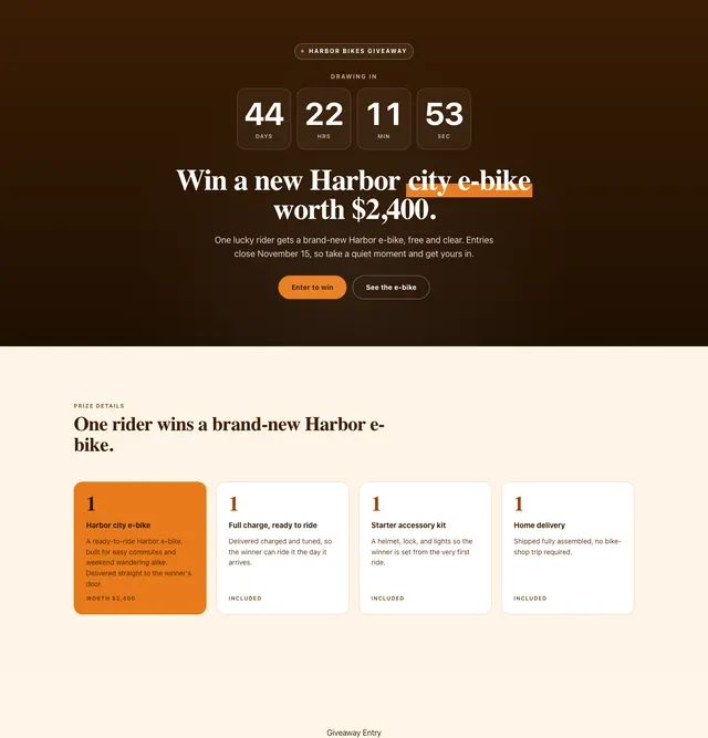 The e-bike giveaway page in the Soft Warm starter style