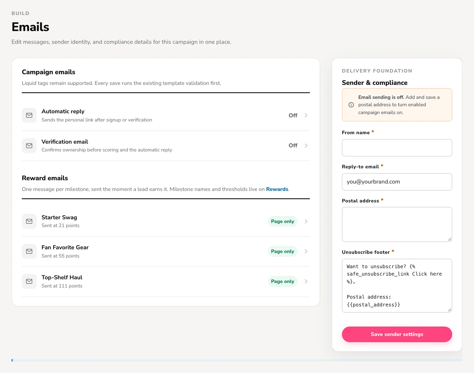 KickoffLabs campaign emails screen with the autoresponder, verification and reward emails, plus sender and compliance settings