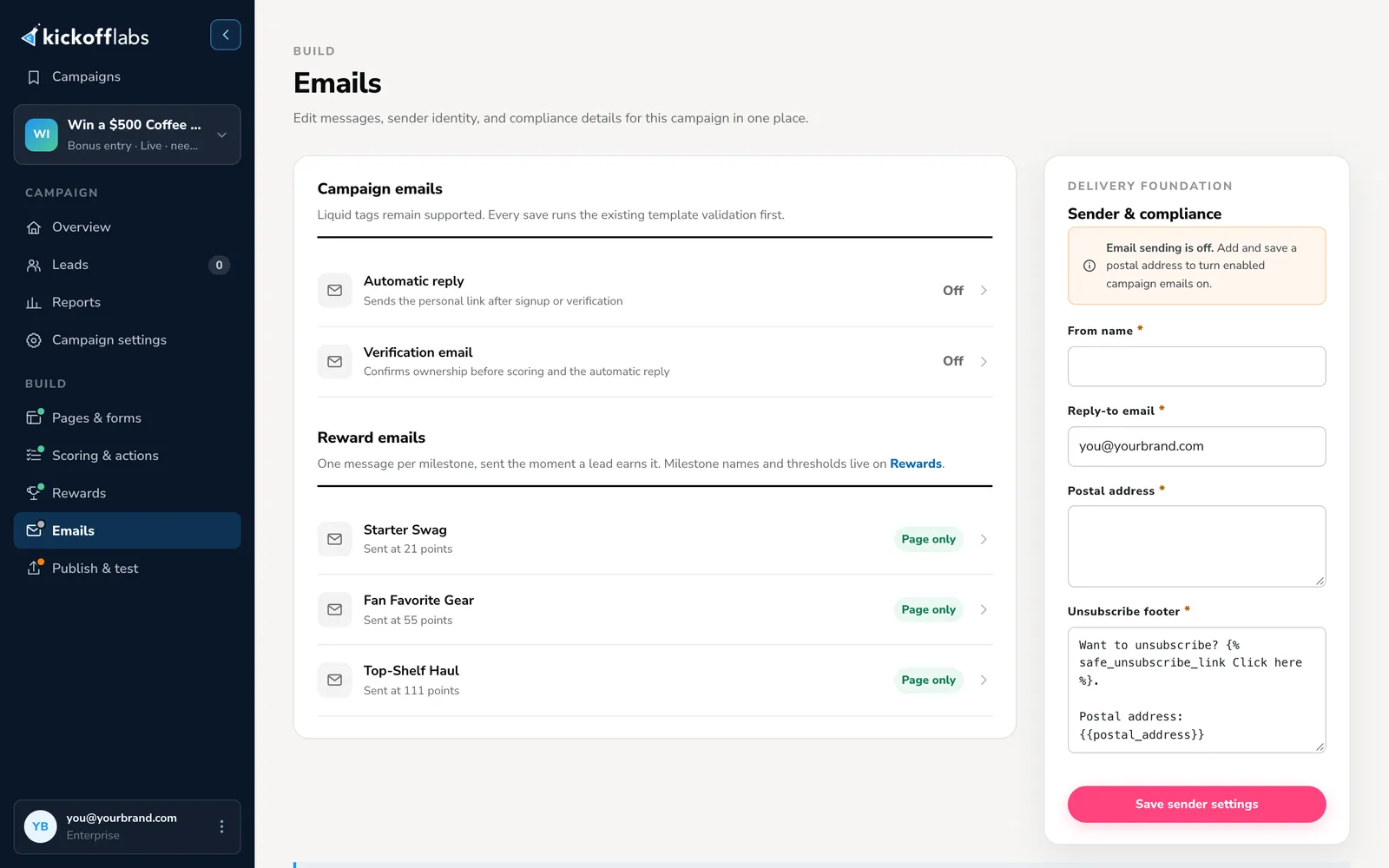KickoffLabs campaign Emails screen showing automatic reply, verification, reward email, and sender settings