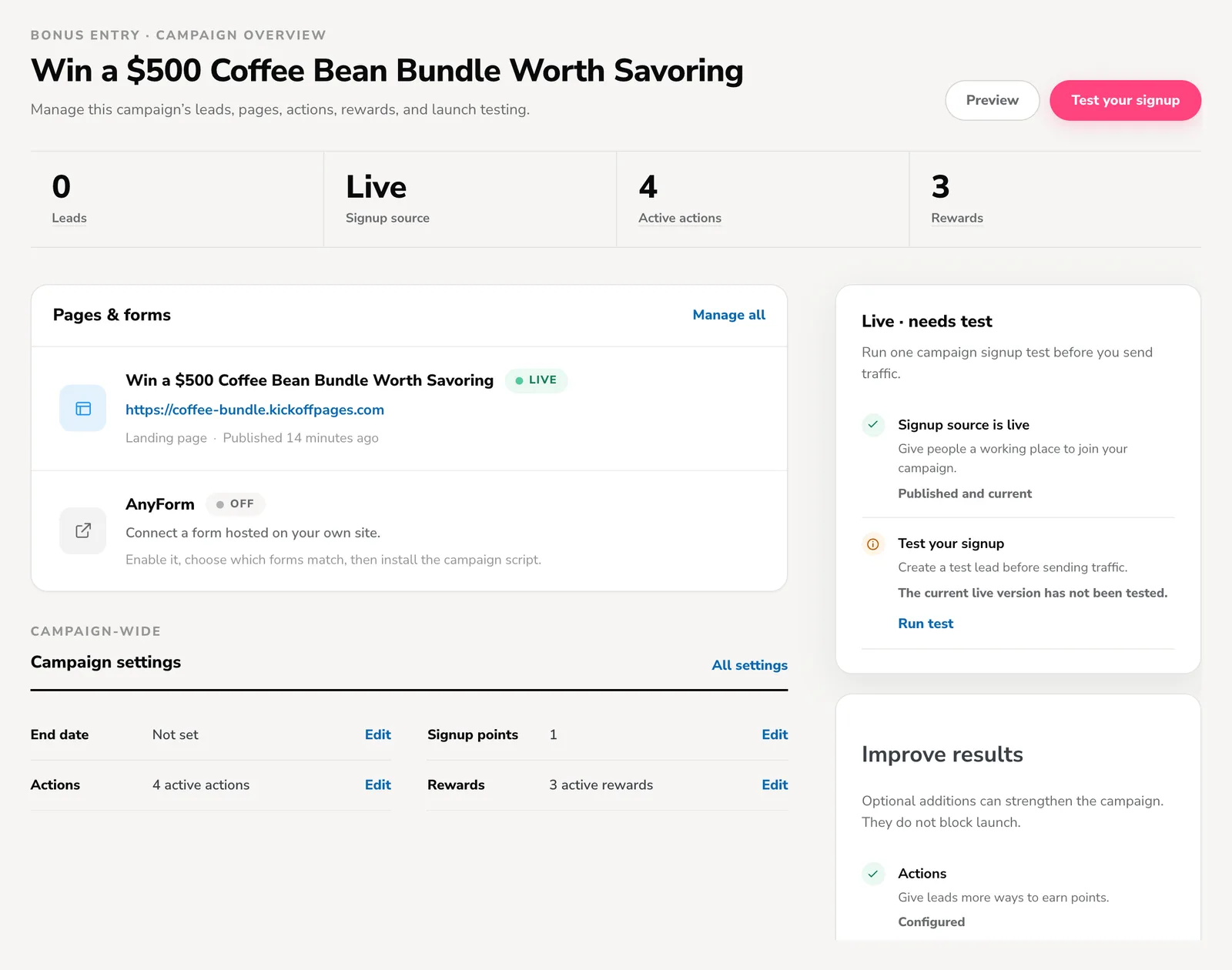 KickoffLabs campaign overview with signup stats, pages and forms, and the launch checklist