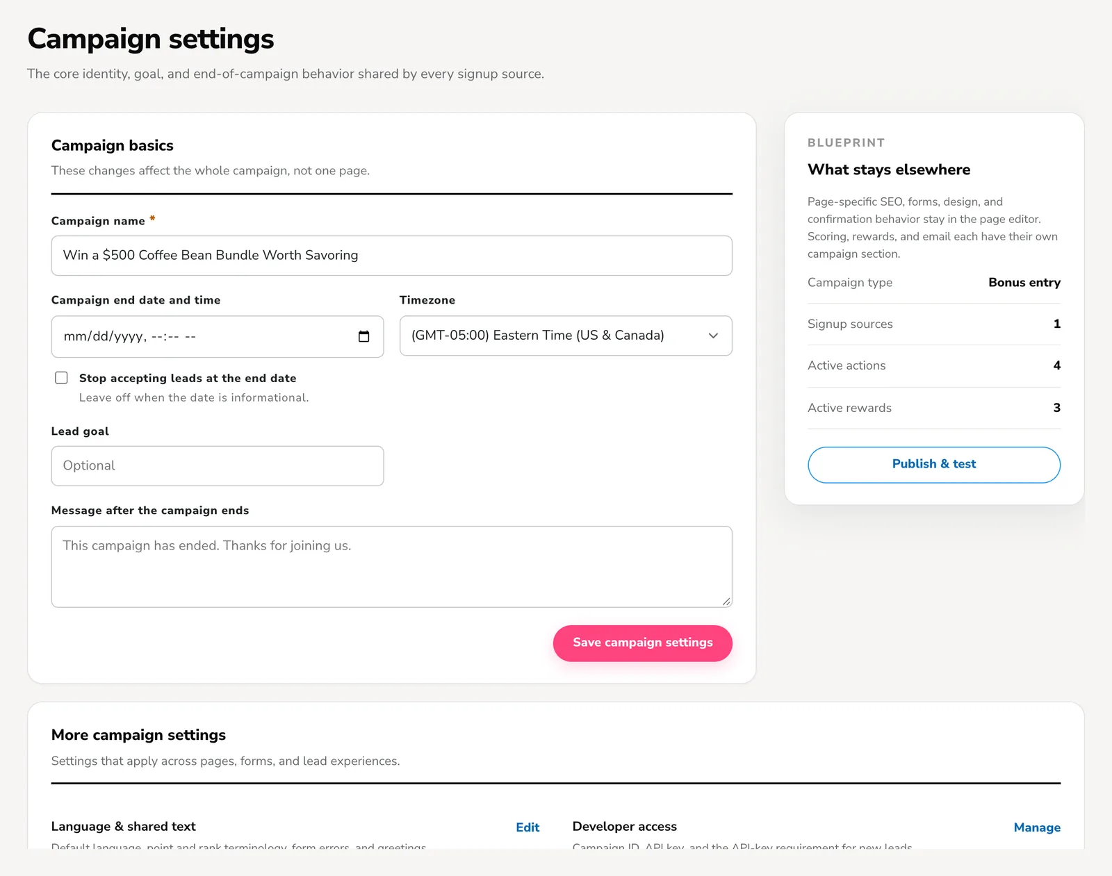 KickoffLabs campaign settings with the campaign name, end date, lead goal and end message