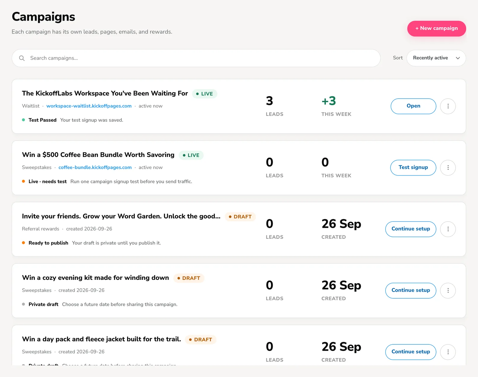 KickoffLabs campaigns dashboard listing live and draft campaigns with lead counts and status chips