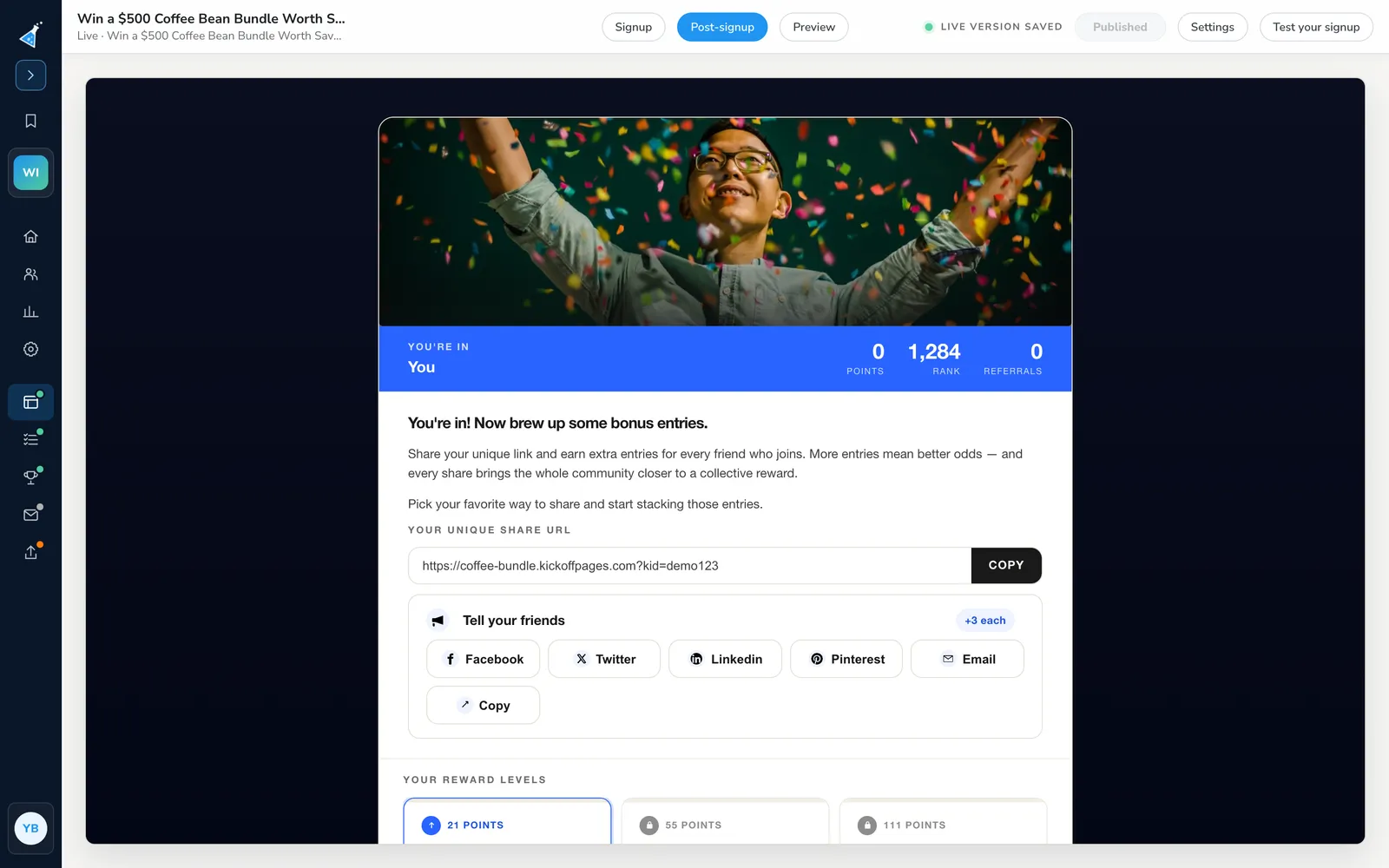KickoffLabs page designer editing a post-signup page with a share URL, share buttons and reward levels