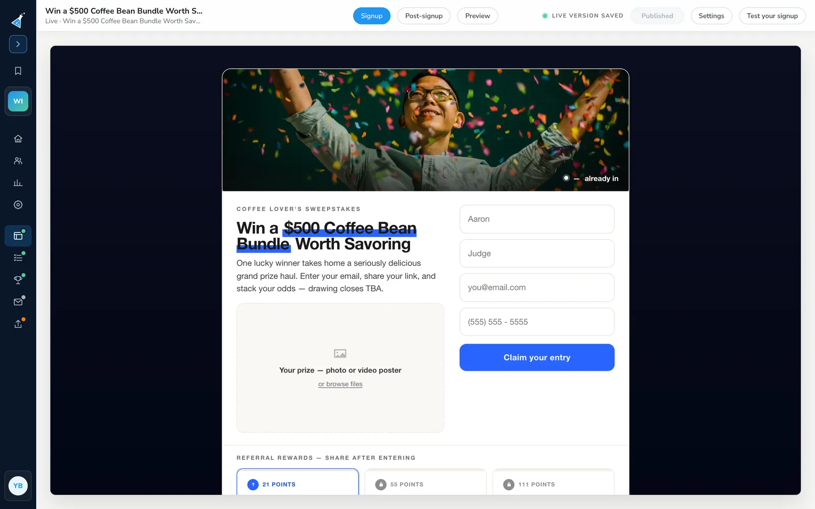KickoffLabs page designer editing a giveaway signup page with a hero image, headline, and entry form